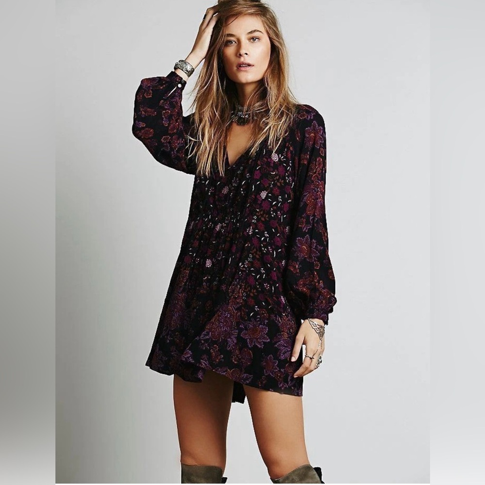 Free People Mini Dress Lucky Loosey 
Floral Boho Festival Tunic Rare SZ S EUC